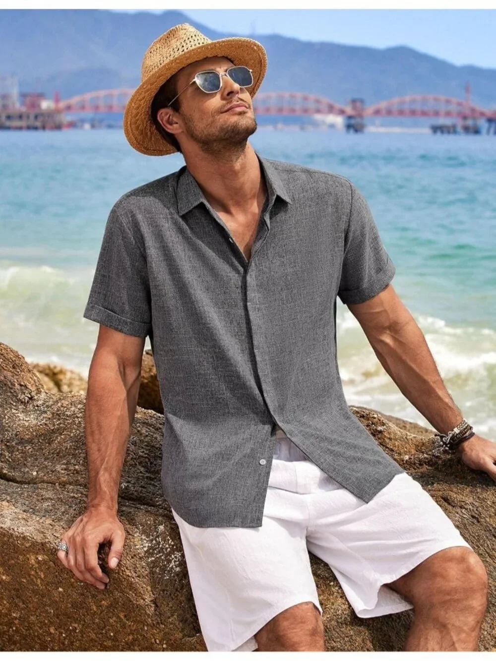 Men's Dark Grey Beach Linen Short Sleeve Casual Wedding Shirts Button Down